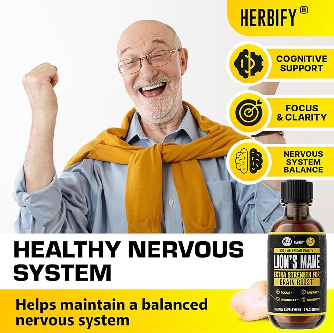 HERBIFY Lions Mane Supplement - Daily Mushroom Supplement for Memory, Focus & Clarity - Brain Booster - Lions Mane Tincture for Immune Support - 4 Fl oz