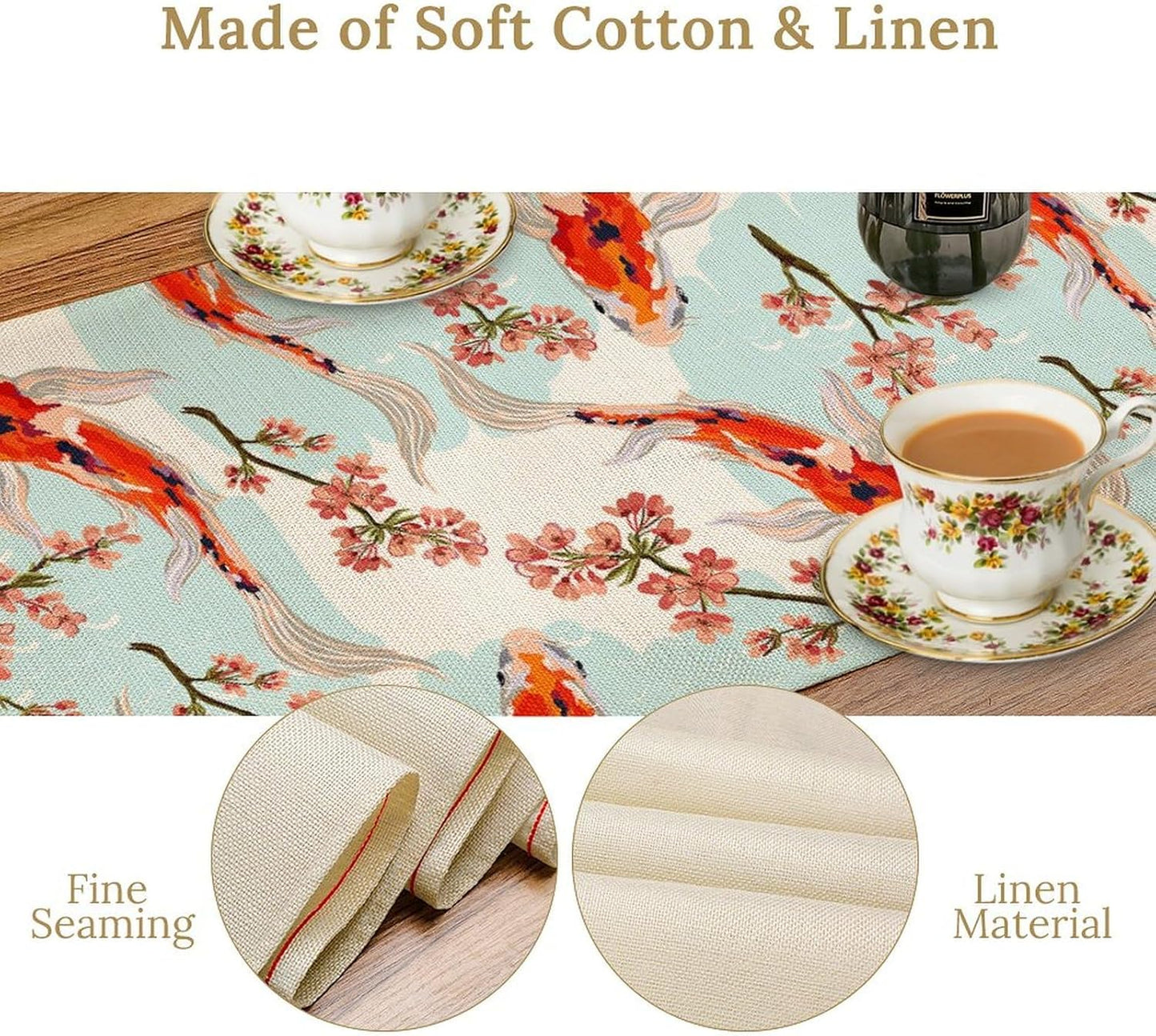 Japanese Kio Fish Table Runner Cherry Flower Art Printed Burlap Runner Home Kitchen Dining Table Living Room Decor Fabric 1 Panel W13xL120in