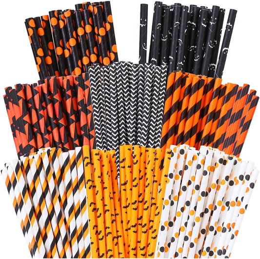 Cooraby 200 Pieces Halloween Paper Straws Pumpkin Bat Spider Web Pattern Straws Black Orange Biodegradable Paper Drinking Straws for Halloween Party Favors, 8 Styles