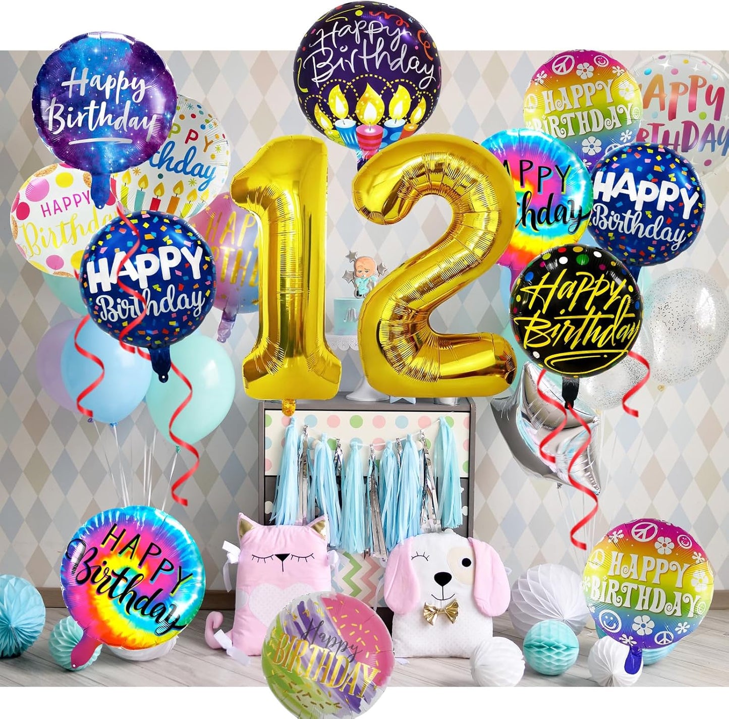 50 Pcs Happy Birthday Party Aluminum Foil Balloons and 12th Birthday Balloons, 18 Inch Round Aluminum Foil Balloon with" Happy Birthday" Sign, Birthday Party Decorations for Boys/Girls (Yellow, 12)