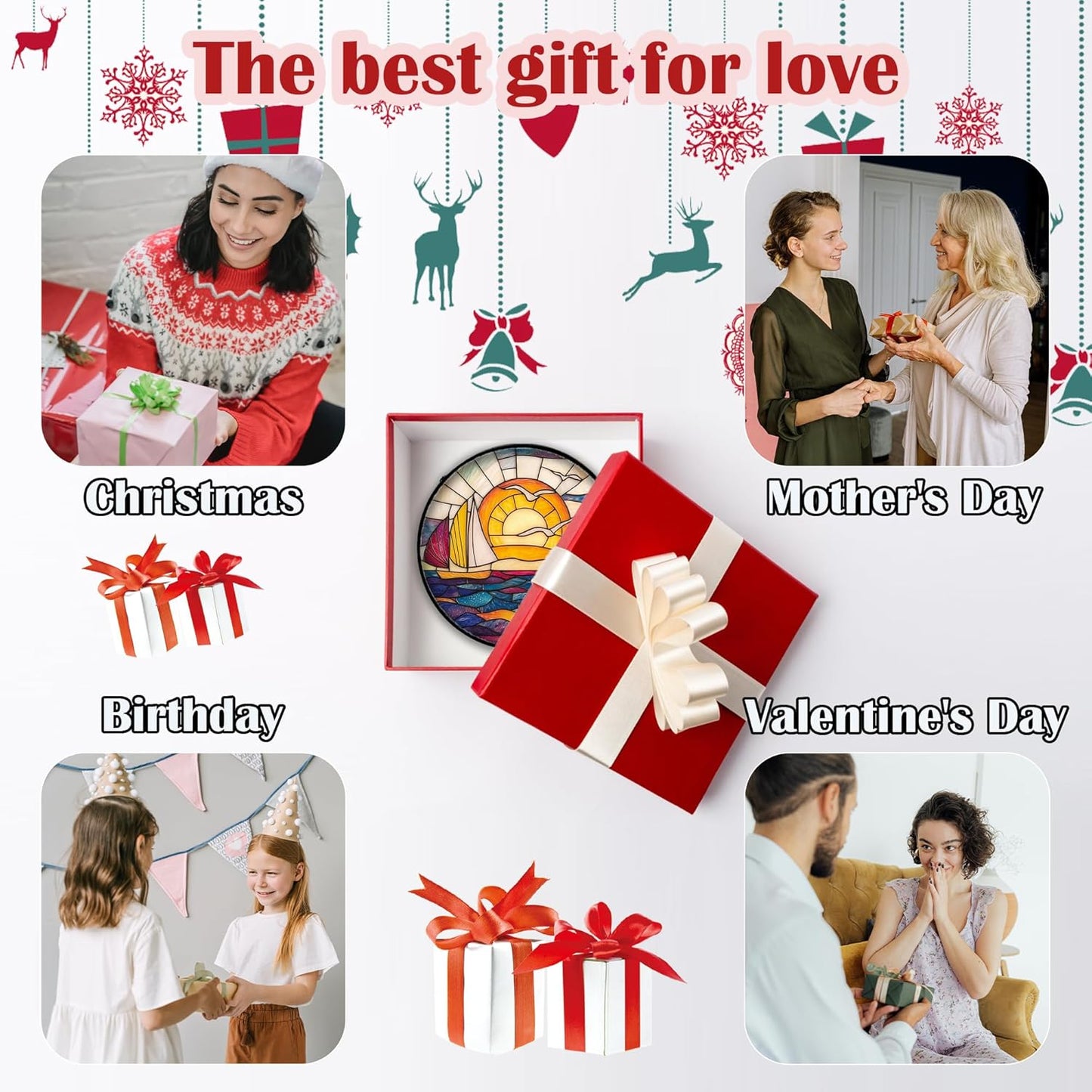 Stained Glass Window Hanging, Sailboat and Waves Suncatcher Diamond Glass Panel Hangings Sun Catchers Decor for Birthday for Women, Men, Wife, Aunt, and Mom 14.9x14.9 in