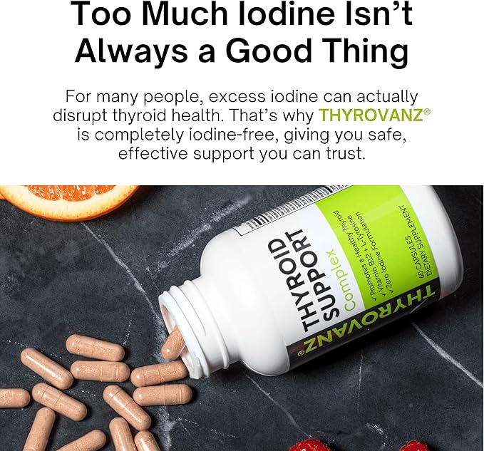 Thyroid Support Complex (60 Capsules) Thyroid Support for Women & Men, 0% Iodine, Boosts Mood & Energy, Fights Brain Fog & Stress, Includes B Vitamins, Non-GMO, Made in USA - cGMP Certified