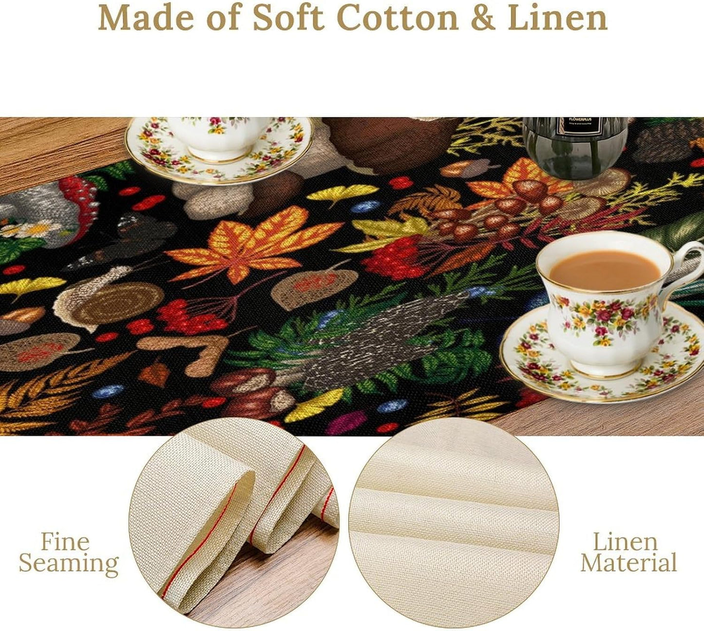 Nature Mushroom Table Runner,Retro Boho Floral Botanical Plant Forest Pattern Print Tablecloth Burlap for Hotel Indoors Outdoor Dining Room Kitchen Holiday Party, 13x70in