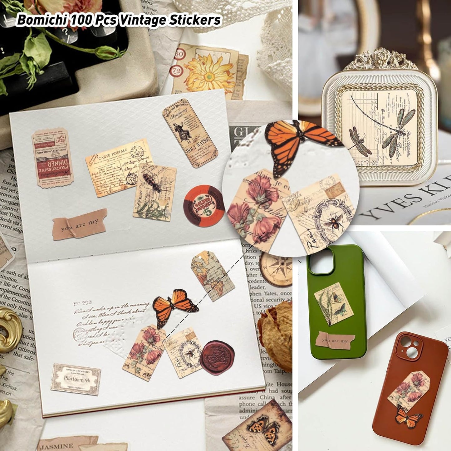 100 Pcs Vintage Stickers, Aesthetic Waterproof Decals for Water Bottle Laptop Computer Skateboard Bumper, Vsco Butterfly Vinyl Stickers for Kids Teens Girls