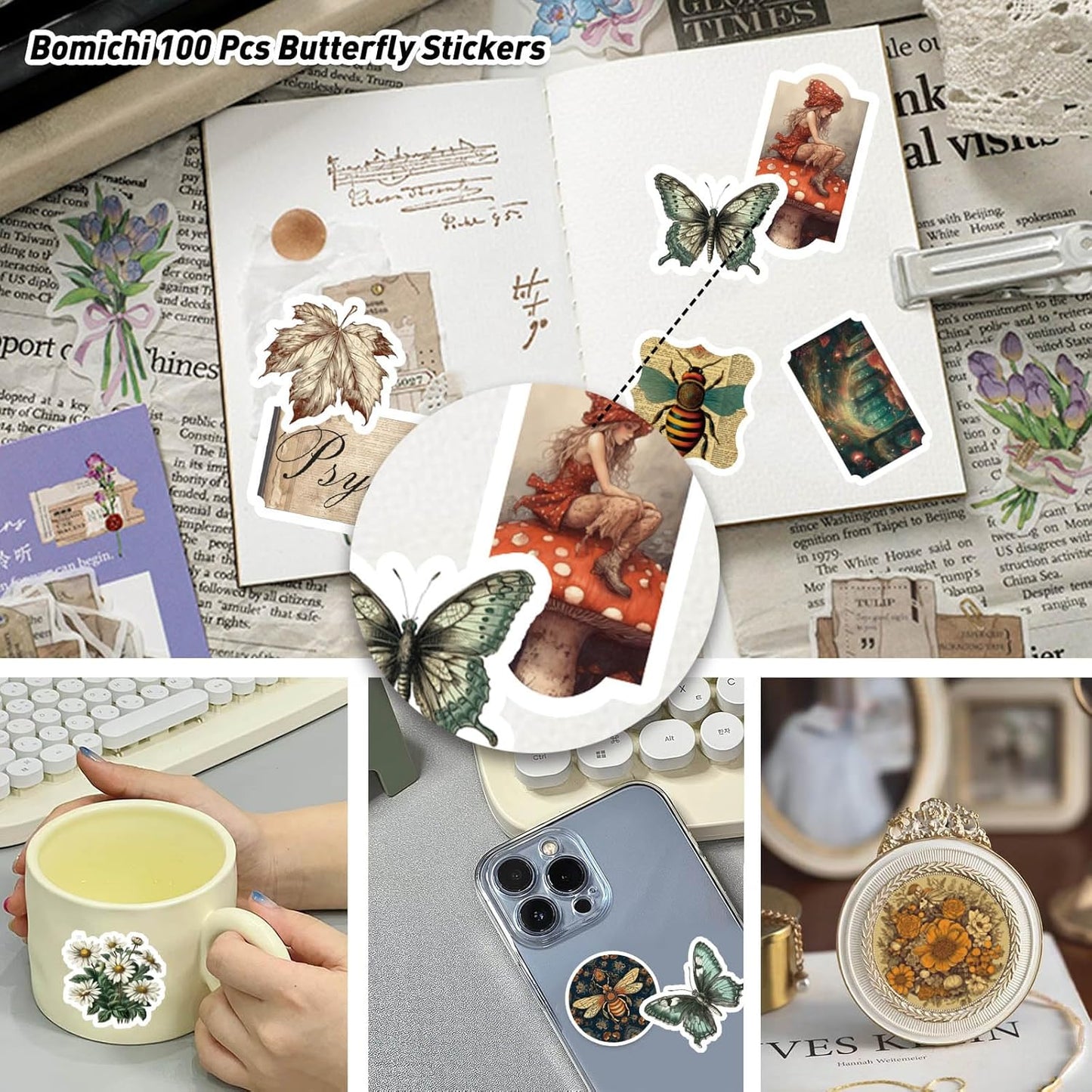 100 Pcs Vintage Insects and Botany Stickers for Journaling, Apothecary Label Sticker with Deep in The Forest Theme Vinyl Stickers for Water Bottle Laptop Computer Skateboard Bumper