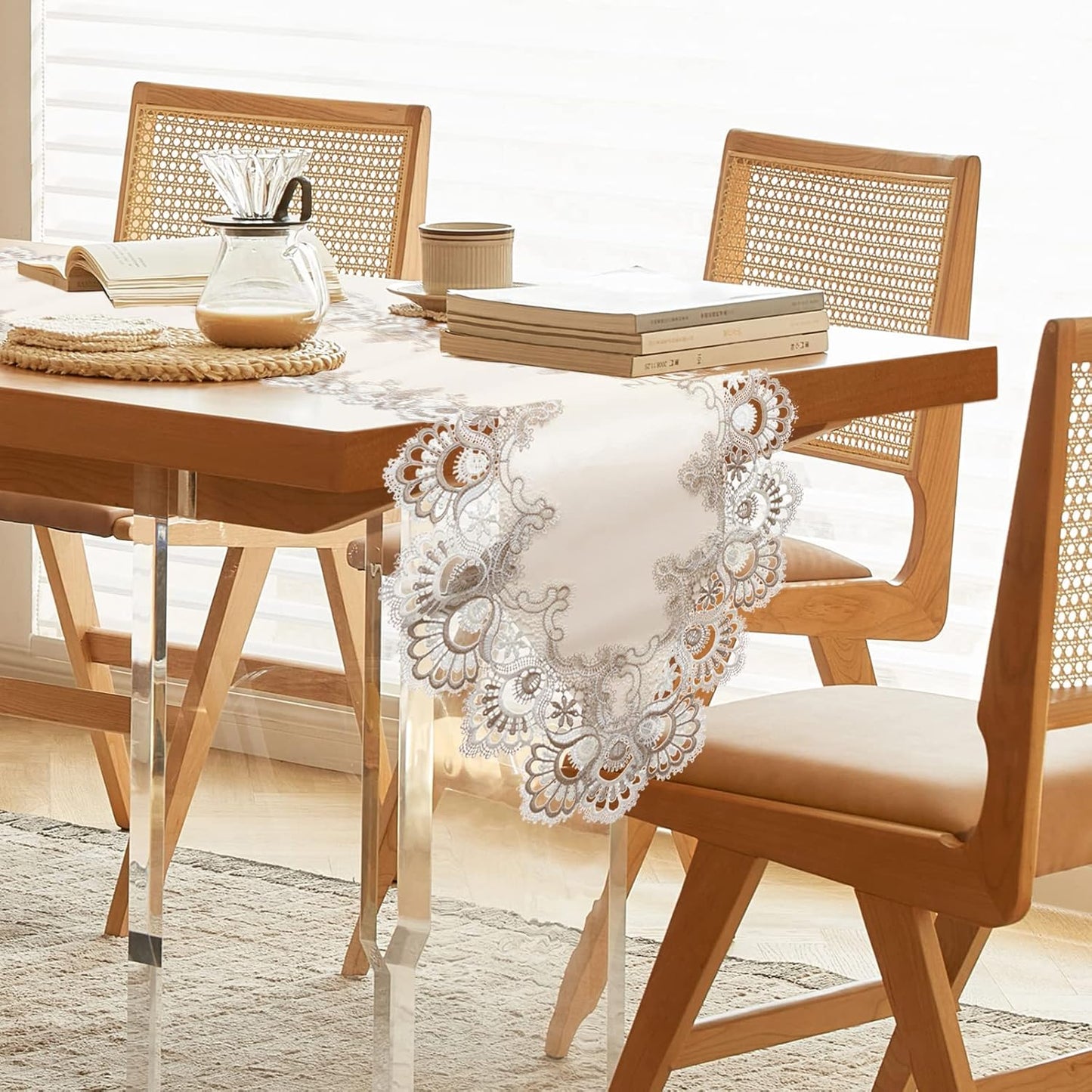 Vintage Lace Dining Table Runner, 120 Inches Floral Coffee Table Runners for Kitchen Home Christmas Party Decorations (16x120 inch, Off White)