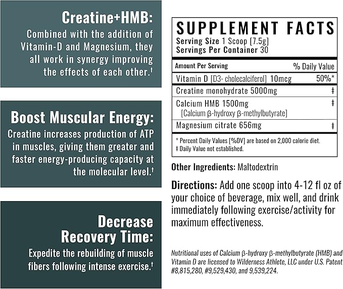 Wilderness Athlete - Creatine HMB - Micronized Creatine Monohydrate Powder HMB and Vitamin D3 Supplement - Creatine Powder Butyrate Supplement - Best Rated Creatine for Women & Men