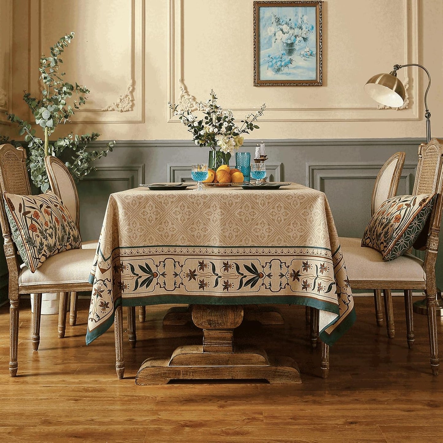 patdrea Designer French Rectangular Tablecloth,Beige Anti-Wrinkle Durable Floral Farmhouse Table Cloth,Decor Tables Covers for Kitchen Dining,Tea Party,Christmas,Thanksgiving,55"x87"-Fram