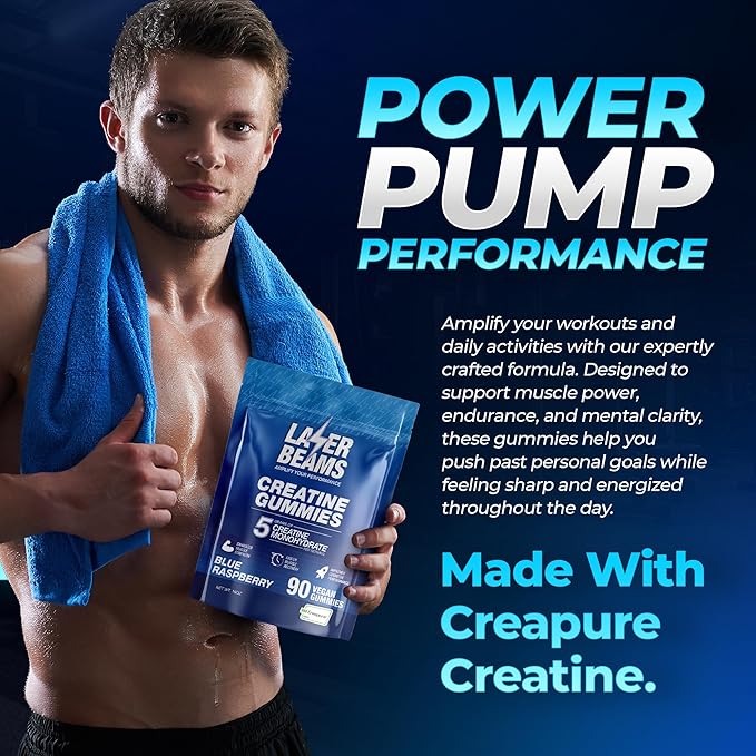 Creatine Monohydrate Gummies for Women & Men- 5g Creapure Creatine per Serving - Vegan, Blue Raspberry Flavor - Boost Muscle Strength, Endurance, Recovery & Mental Focus (90 Gummies)