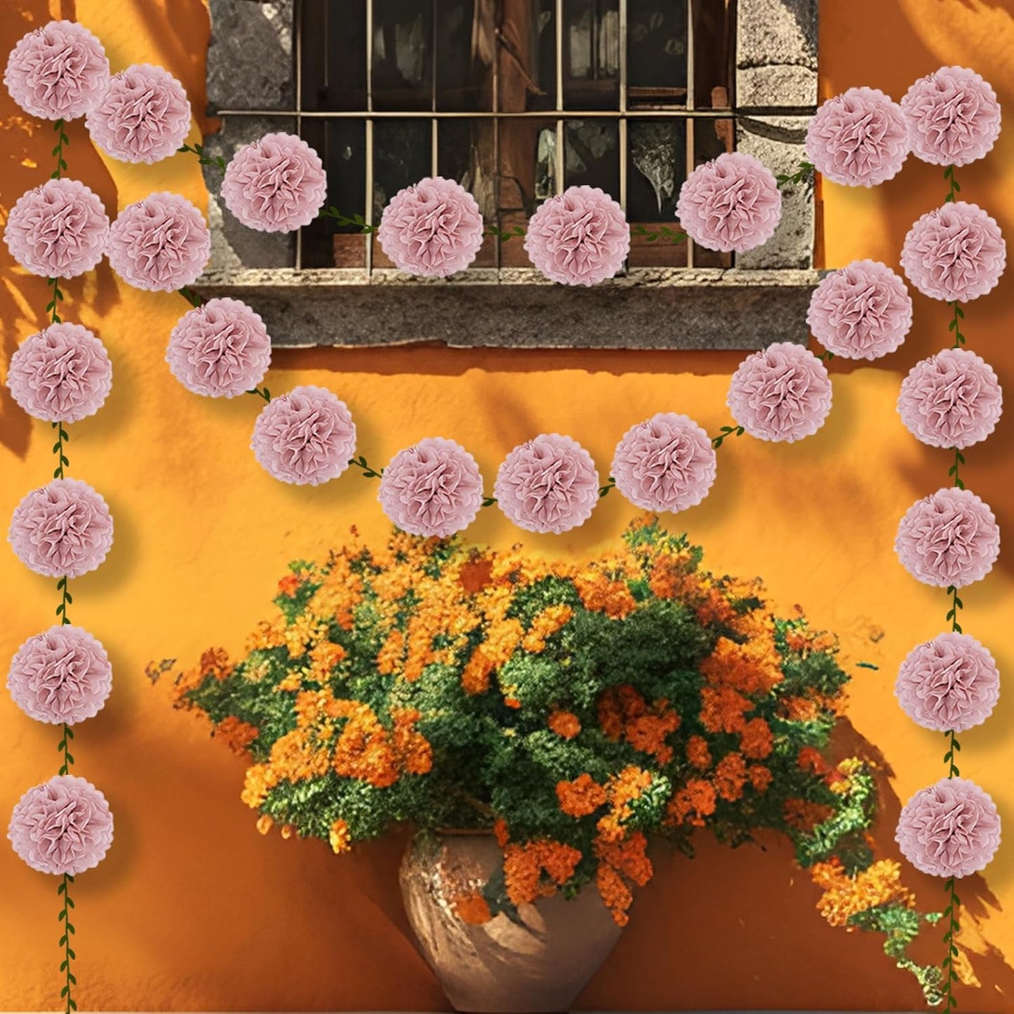 2 Pack Rose Pink Tissue Paper Pom Pom Garlands Hanging with Cloth Vine for Nature Garden Fence Birthday Paty Decorations, 6.6Ft Length