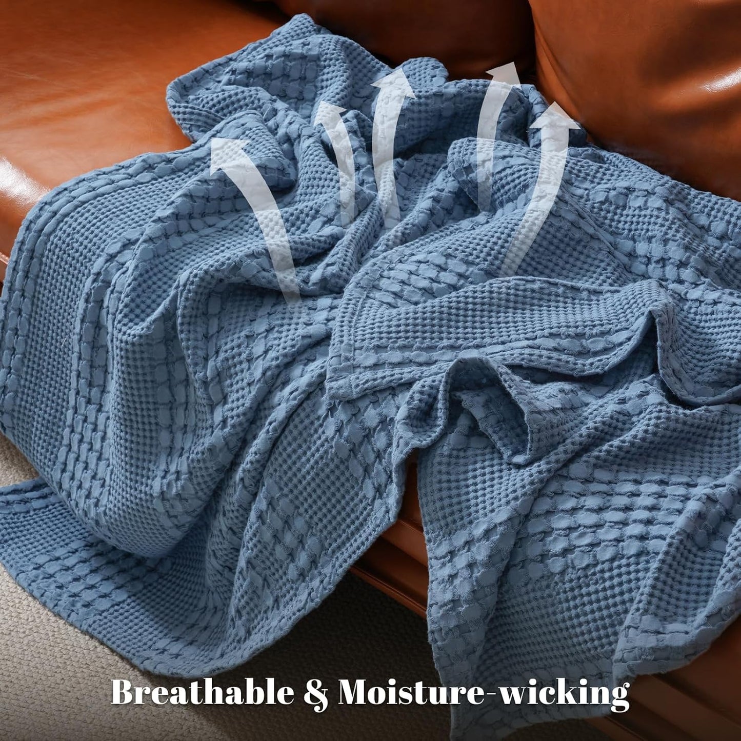 PHF 100% Cotton Waffle Weave Blanket King Size for Bed, Soft Lightweight & Breathable, All-Season Comfort, Luxury Aesthetic Woven Bedding for Home Decor, 108"x90", Captain's Blue
