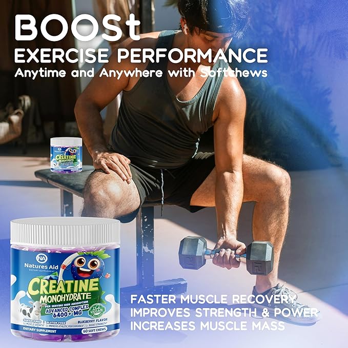 Creatine Monohydrate Chews Complex for Men & Women -Advanced Formula W/L-Taurine + Vitamin B12, Sugar Free Chewable Supplement,60 Blueberry Softchews
