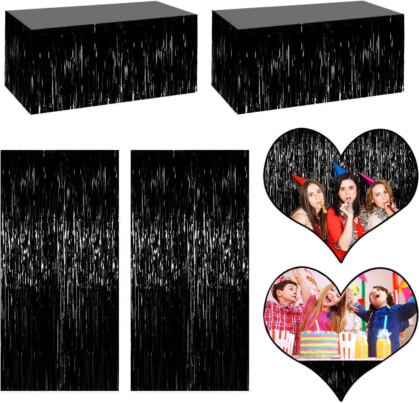 4P Metallic Foil Fringe Tinsel Table Skirts for Rectangle Tables Backdrop Banner Tinsel Streamer Garland Curtains for Parade Floats Wedding Graduation Anniversary Birthday Parties Decoration (Black)