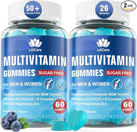 Methylated Multivitamin for Men/Women Gummies, Mens/Womens Multivitamin 50 Plus, with Glucosamine Chondroitin MSM Echinacea Sugar Free Chewable Multi Vitamins B D3 K2 A C E for Adults Seniors, 120 Cts
