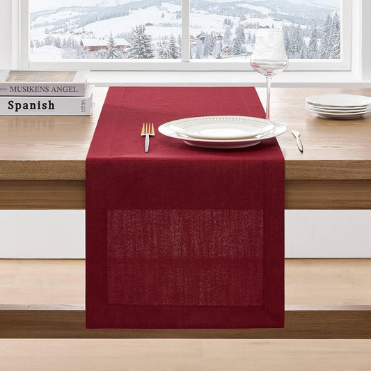 ZeeMart Linen Textured Border Table Runner, 14 x 90 Inch Red, Farmhouse Style Red Table Runners 90 Inches Long, Easy Care Everyday Polyester Table Runner