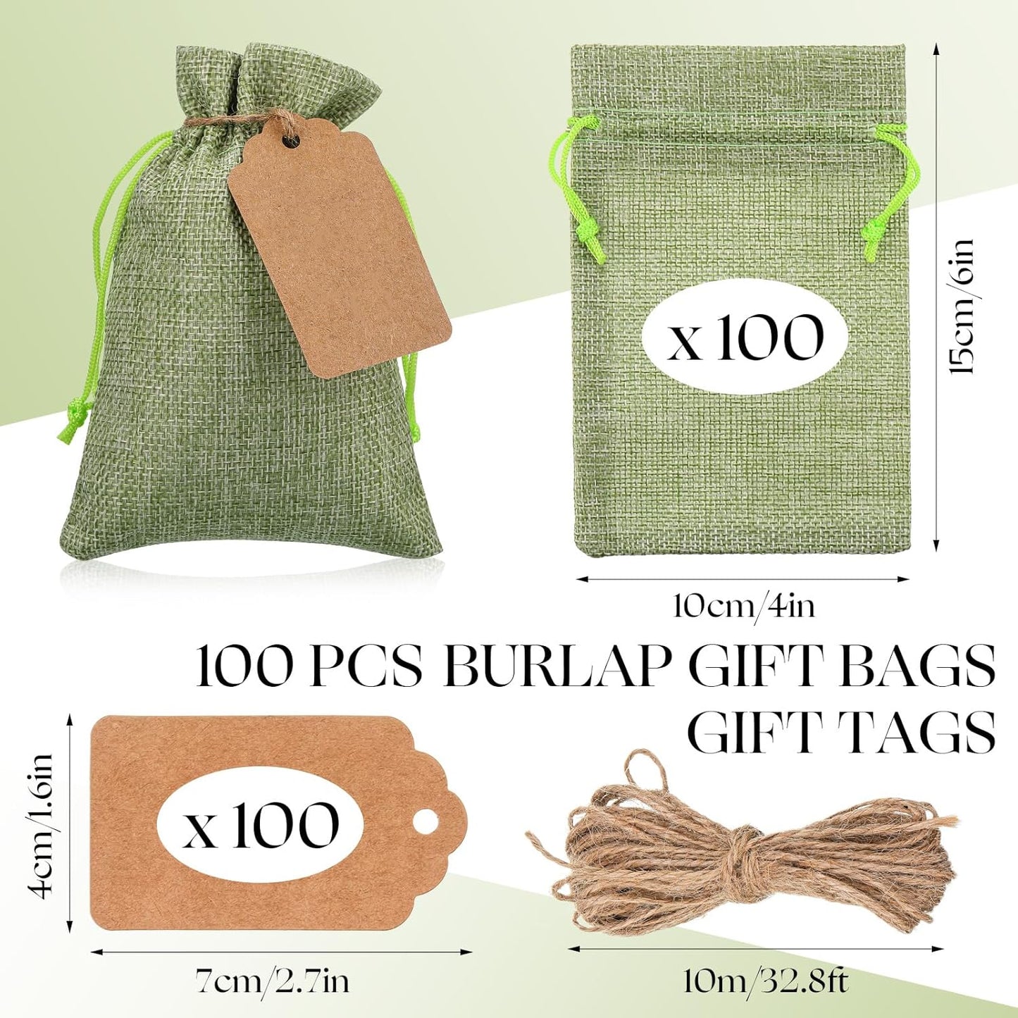 Woanger 100 Pcs Burlap Gift Bags with 100 Pcs Kraft Paper Gift Tags with Drawstring Favor Bulk Burlap Sack Bags for DIY Wedding Party Craft(4 x 6 Inch,Sage Green)