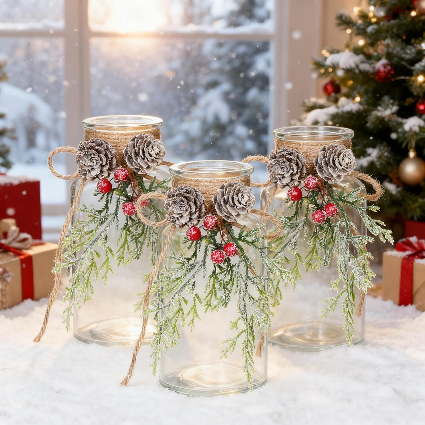 Set of 3 Xmas Decor Vases Christmas Centerpieces for Tables Farmhouse Holiday Table Decor Clear Glass Vases with Twine Ties for Christmas Decorations