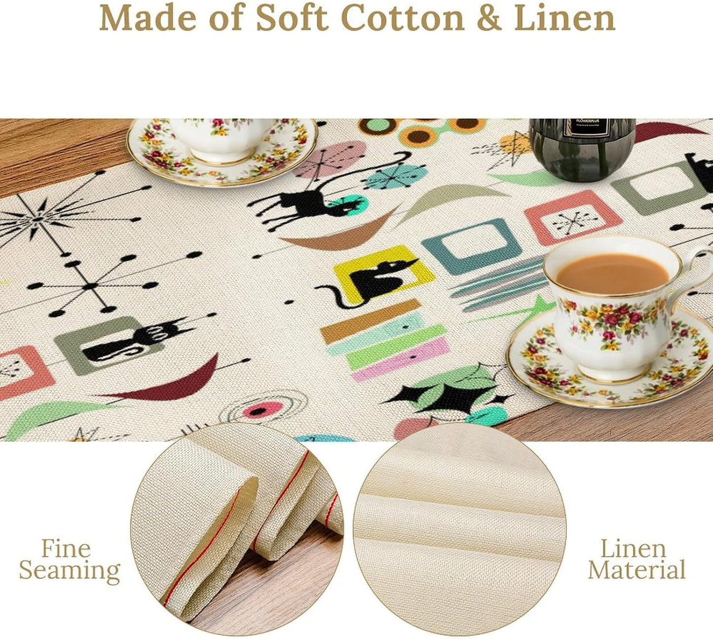 Colorful Geometric Table Runner,Vintage Mid Century Cute Cat Abstract Morden Print Tablecloth Burlap for Hotel Indoors Outdoor Dining Room Kitchen Home Decor, 13x60in