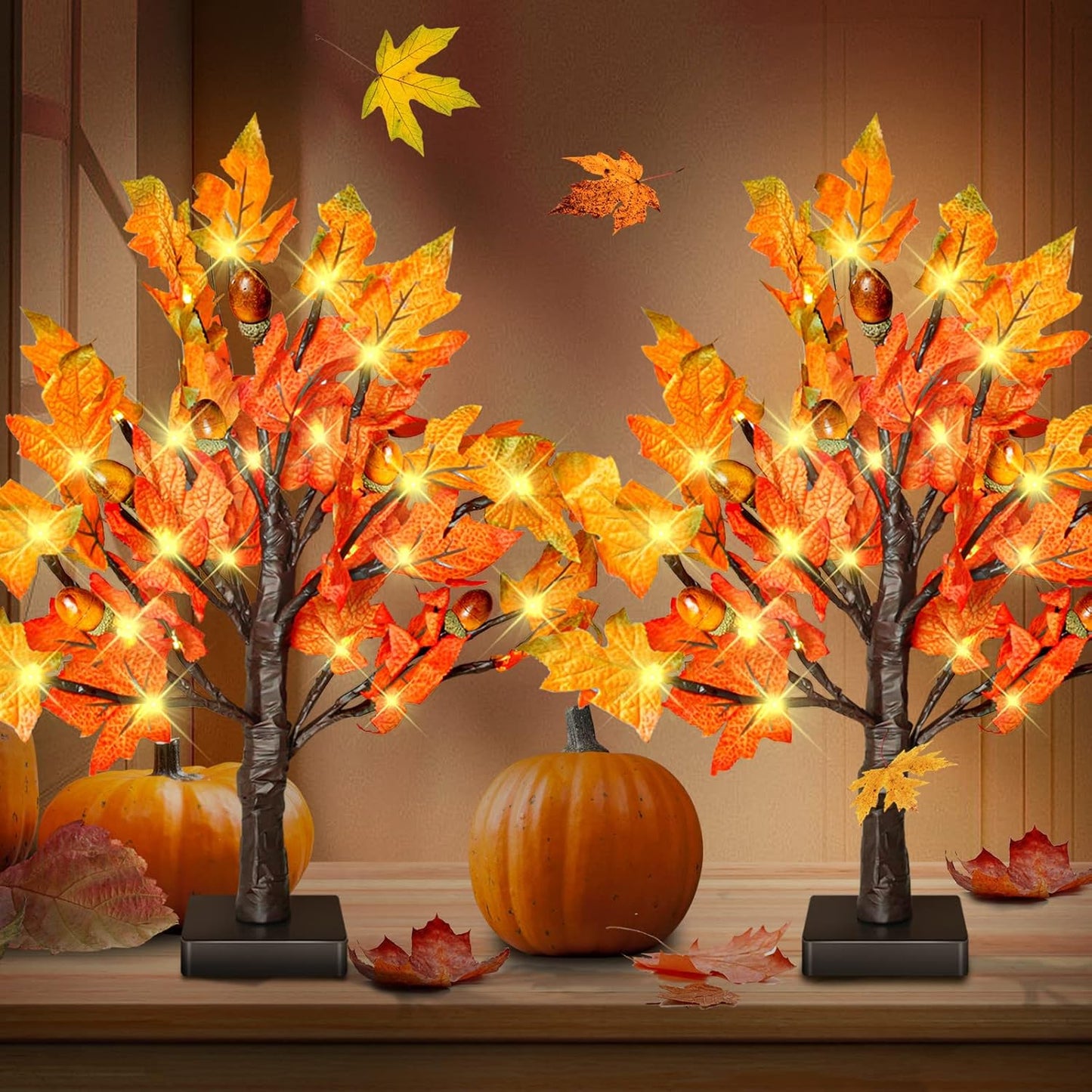 2 Pack 18 Inch Prelit Fall Maple Tree with 36 LED Lights, 6 Acorns, 1.5ft Tabletop Autumn Artificial Tree, Fall Centerpieces for Thanksgiving Decoration, Christmas Halloween Harvest Home Decor