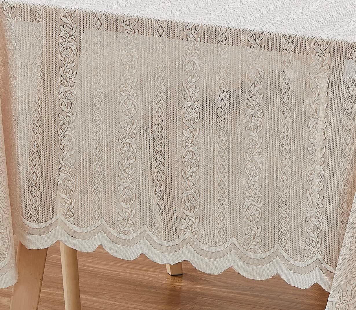 LinenZone Round Lace Tablecloth with Elegant Scalloped Bottom for Any Special Event Such as Wedding, Birthday Party, Baby Shower, Anniversary. Sits 4 to 6 People. (Linda 70 Round, Linen)