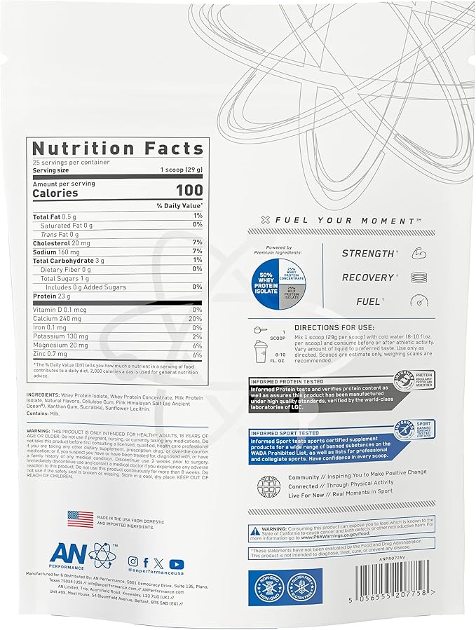 an Performance Whey Protein Powder | Vanilla | 23g Protein, 1g Sugar, 100 Calories | Gluten-Free, Low Carb, Low Fat | Keto Friendly | Essential Amino Acids for Recovery | 25 Servings