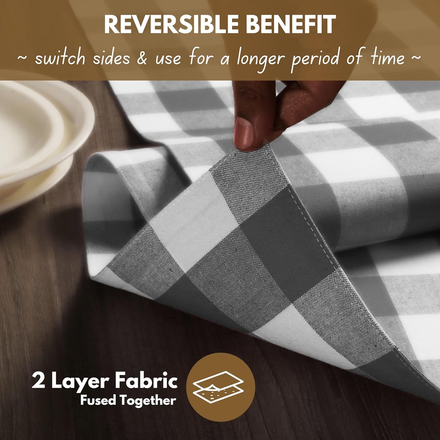 Native Fab Table Runner Buffalo Check Plaid 100% Cotton - 13x90 Inches Kitchen Dining Table Decoration for Indoor Outdoor Farmhouse Home Party Decor - Grey and White