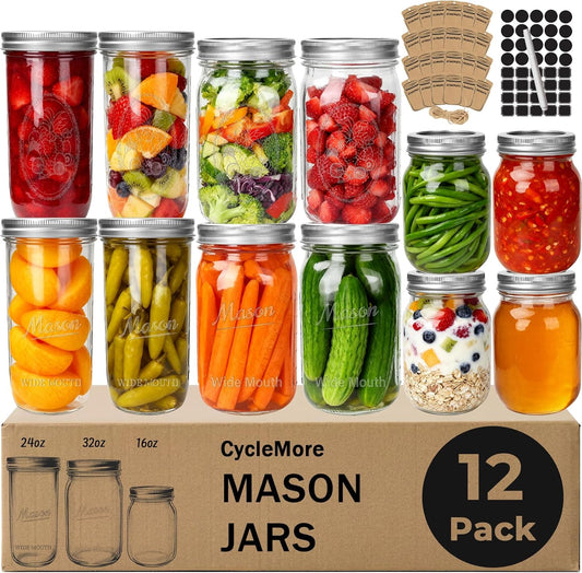 CycleMore Mason Jars Bundle, 12 Pack J Canning Jars With Bands and Lids, Ideal for Jam, Honey, Wedding/Shower Favors, DIY & Oats - 32 OZ x 4, 24 OZ x 4, 16 OZ x 4 (16oz - 24oz - 32oz)
