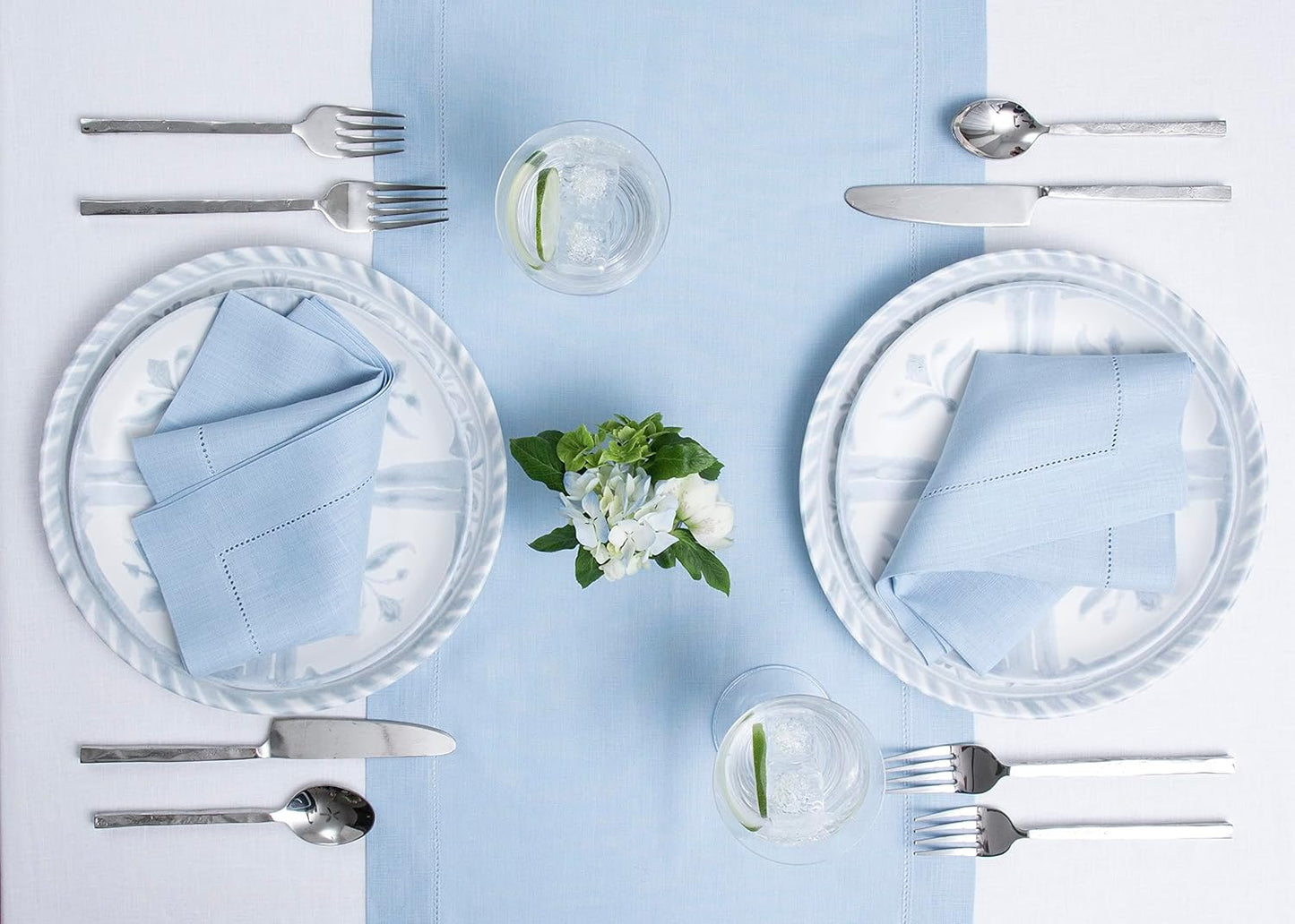 Solino Home Linen Sky Blue Table Runner 36 Inches - Classic Hemstitch, 100% Pure Linen Coffee Table Runner 14 x 36 Inch Ideal for Dresser Tables - Holiday
