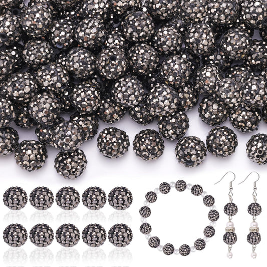 200pcs 10mm Rhinestone Beads for Jewelry Making, Hematite Shiny Round Disco Ball Beads Bulk, Sparkle Crystal Clay Christmas for Bracelet Baseball Necklace Earring Crafting and DIY