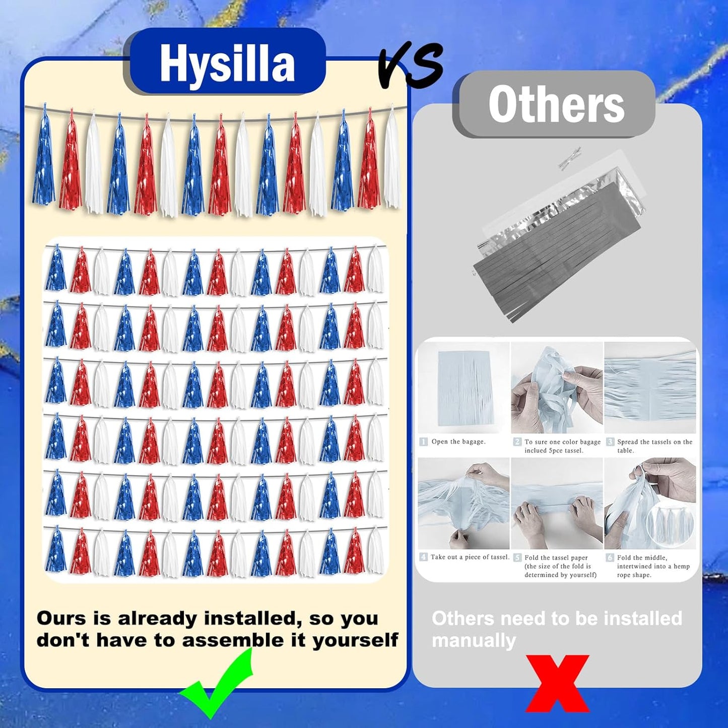 3P Red Blue White Foil Fringe Metallic Tassel Streamers Banner Tassel Garland for Parade Floats, Bachelorette, Wedding, Birthday, Halloween, Christmas, Bridal/Baby Shower Party Decorations