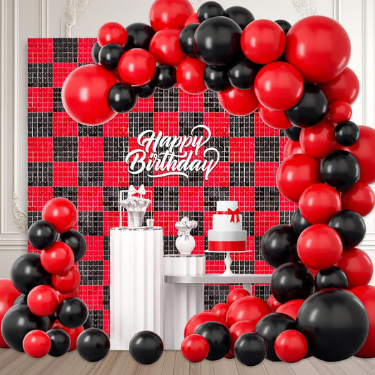 12PCS Black Red Shimmer Wall Backdrop, Square Sequin Photo Backdrops Panel, Glitter Wall Background for Birthdays, Weddings, Christmas, Halloween, Disco Bachelorette Party Decor (3FTx4FT)