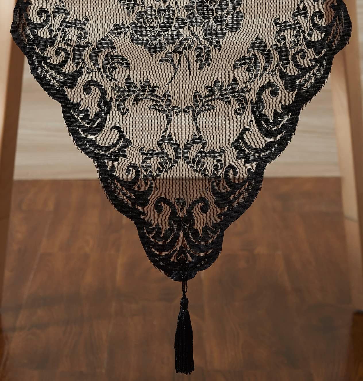 LinenZone Black Table Runner with 2 Tassels for Rustic Vintage Decor. Lace Table Runner Works Great As Wedding, Thanksgiving Or Christmas Decor. (Mia 14 x 96, Black)