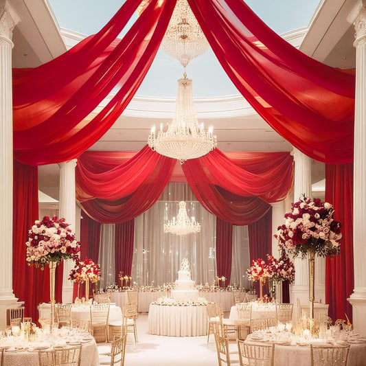 DUOBAO Ceiling Drapes 5FTx10FT Red Backdrop Curtains for Tent Drape Elegant Events Dark Red Wedding Arch Draping Fabric Sheer Chiffon Curtain for Banquet Room Graduation Prom, 6 Panels 5×10ft