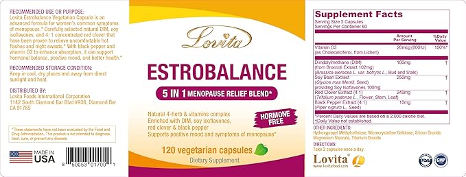 Lovita Menopause Supplements for Women, DIM Complex with Soy Isoflavones, Red Clover, Vitamin D3 & Black Pepper for Menopause & Hormone Balance Support, 120 Vegetarian Capsules (Pack of 3)