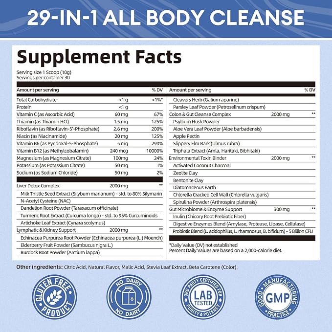 29-in-1 Full Spectrum Detox Powder – Liver, Lymph, Colon & Gut Cleanse with Milk Thistle, NAC, Zeolite & Probiotics – Complete Body Cleanse Supplement for Women & Men – 30 Servings
