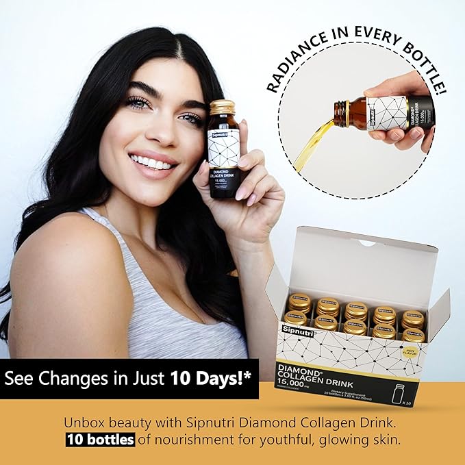 Diamond Liquid Collagen Drink, 15000 mg Hydrolyzed Marine Collagen Peptides with Vitamin C, Pomegranate, Healthy Hair Skin Nails Joints Bones Support, 50 ml x 10 Bottles