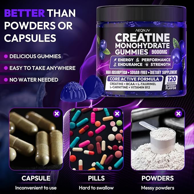 Creatine Gummies Monohydrate Complex for Men & Women, 9000MG Creatine Pre-Workout Supplement Enhance Muscle Strength Recovery Cognitive Health & Memory, 120 Gummies Sugar Free Vegan Non-GMO