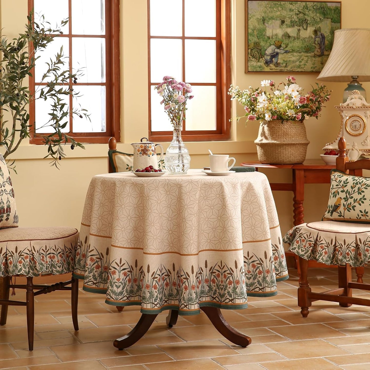 patdrea Designer Vintage Linen Round Table Cloth,Anti-Wrinkle Breathable French Tablecloth,Fall Decor Table Cover for Kitchen Dining,Christmas,Thanksgiving,Tea Party,Diameter 67"-Cudillero