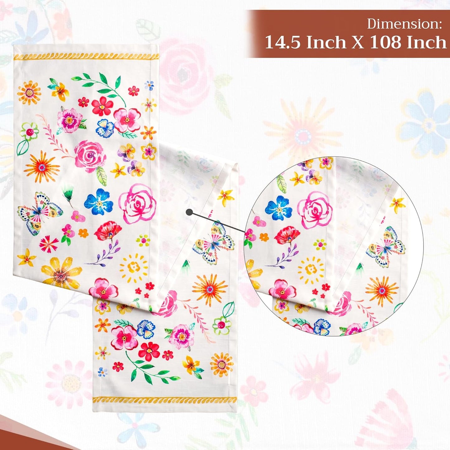 Maison d' Hermine Table Runner 100% Cotton Single Layer Table Runners 108 inches Long Decorative for Home Dining Party Wedding Bridal Shower Spring Summer (Happy Florals - Sweety, 14.50" x 108")