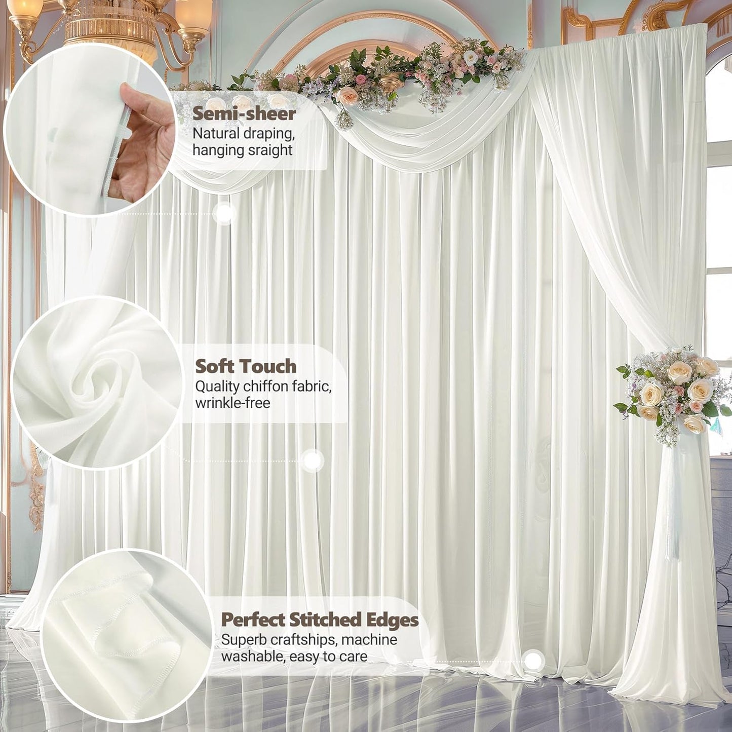 10ft x 10ft Beige Backdrop Curtains, Wrinkle-Free Sheer Chiffon Fabric Photo Backdrop Drapes for Wedding Arch Party Ceremony Stage Photography Decorations