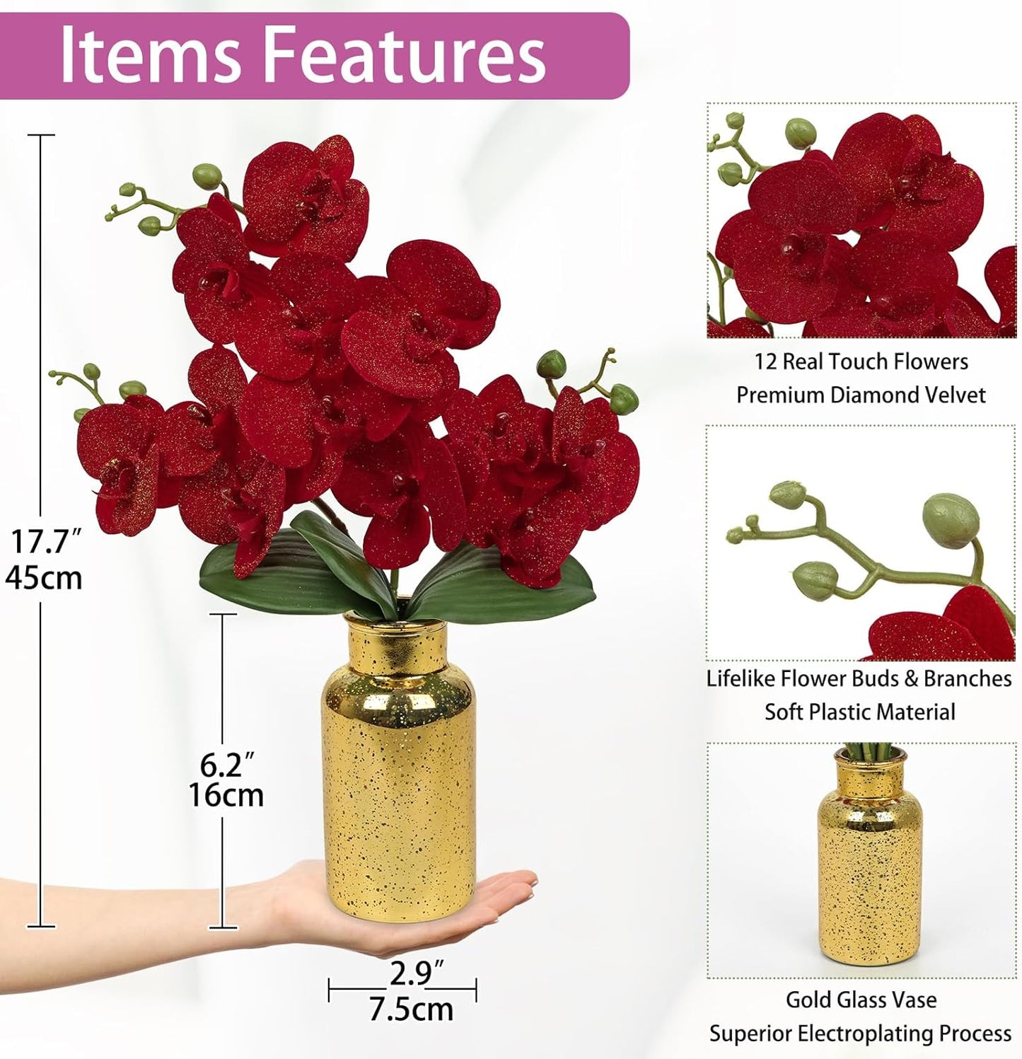 Red Orchids Artificial Flowers Faux Orchid Arrangement with Gold Glass Vase Real Touch Velvet Phalaenopsis Orchid Flowers Orchids Centerpiece for Dining Room Table