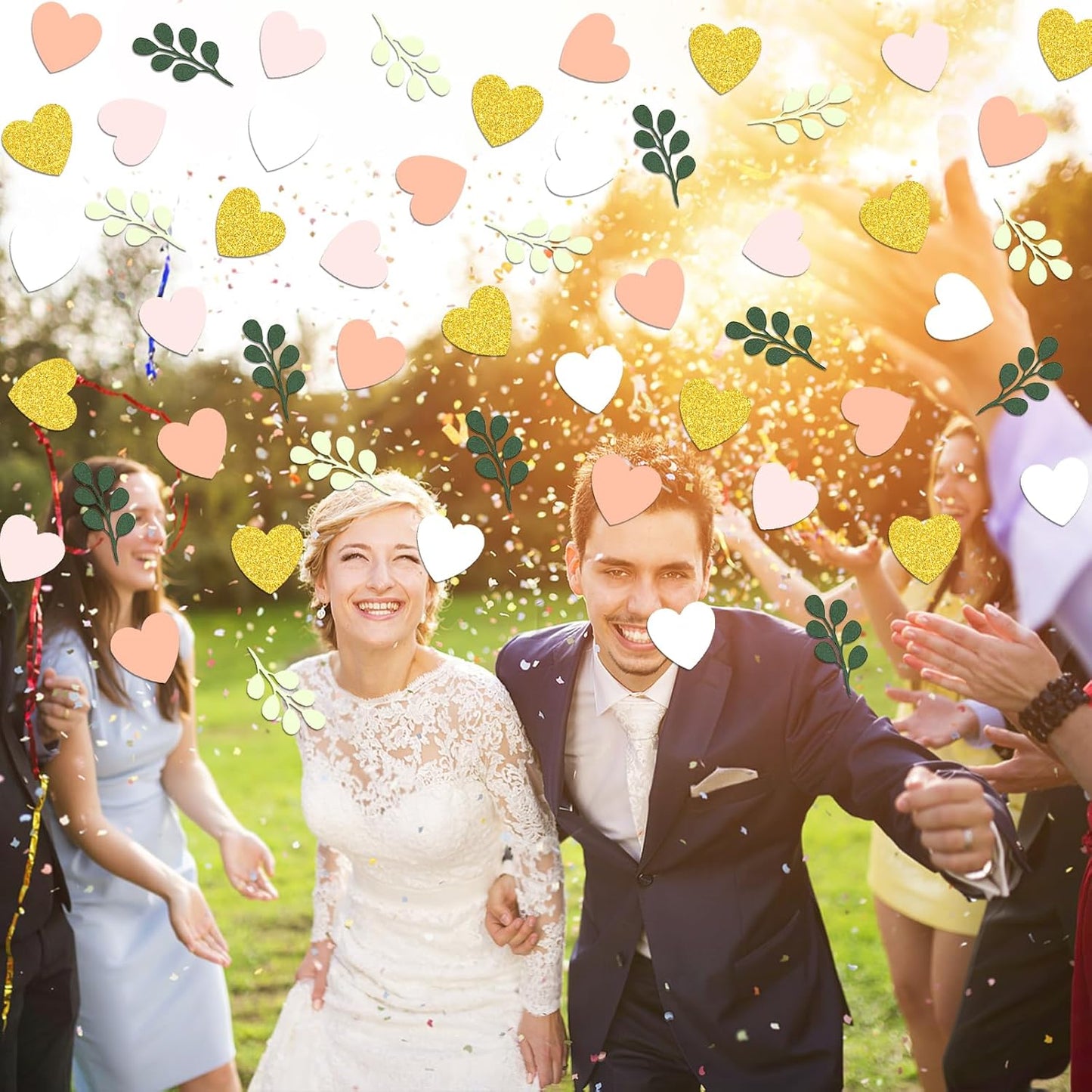 200PC Heart Wedding Confetti Greenery Eucalyptus Table Scatters for Pink and Sage Green Bridal Shower/Birthday/Baby Shower/Bachelorette Party Decoartions