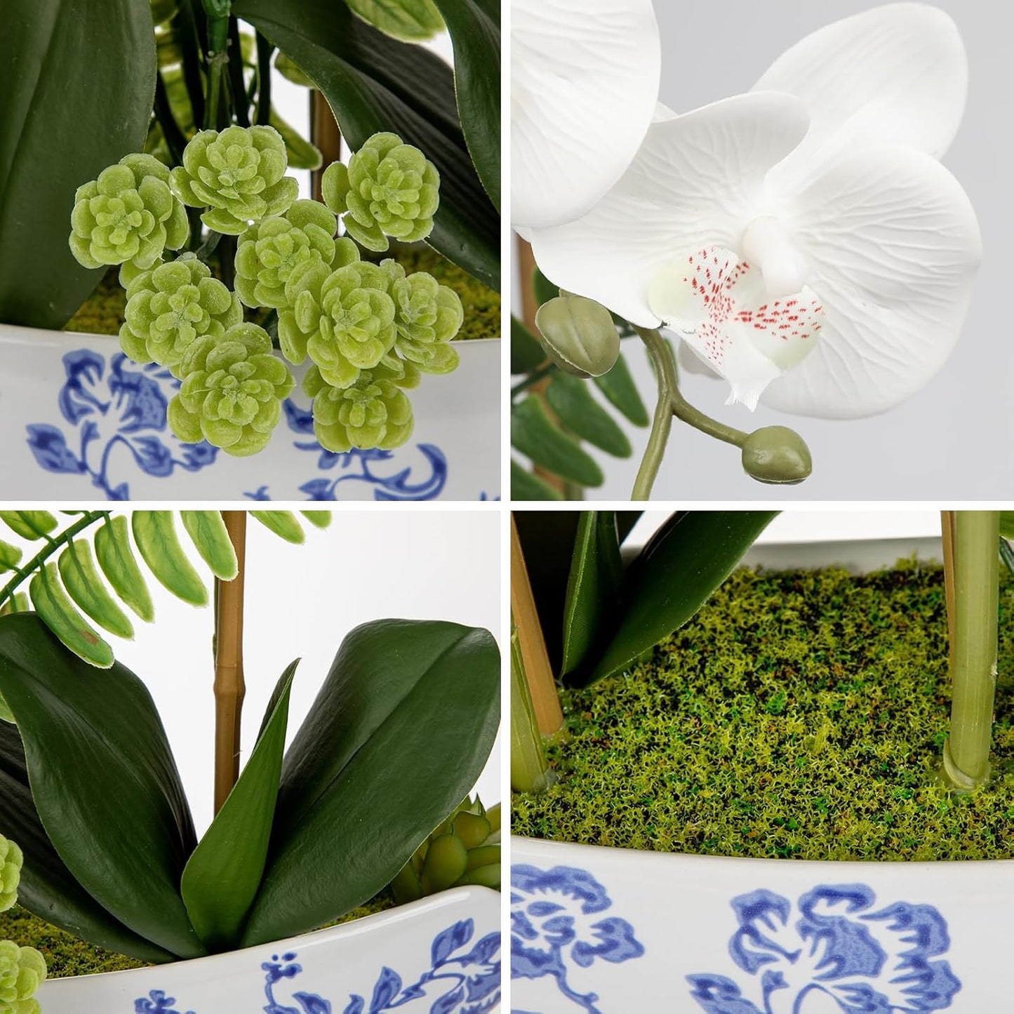 Briful Orchid Artificial Flowers 18in White Fake Orchid Silk Flowers with Blue and White Ceramic Vase Faux Orchid Arrangement for Home Office Room Coffee Table Centerpiece Modern Decor