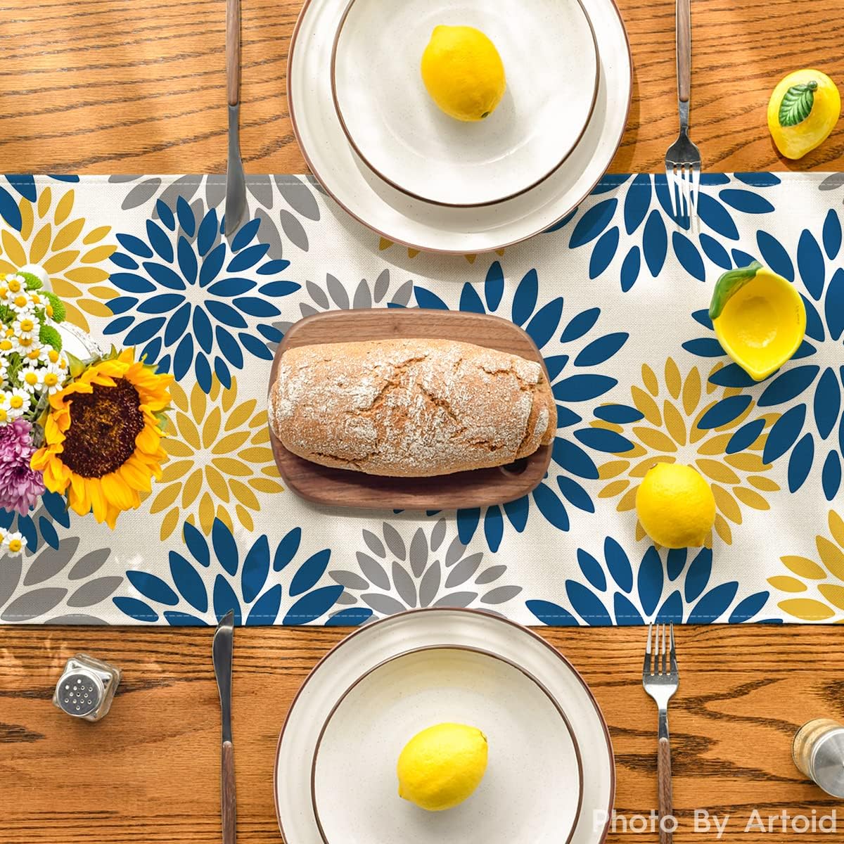 Artoid Mode Blue Dahlia Floral Pinnata Summer Table Runner, Spring Kitchen Dining Table Decoration for Home Party Decor 13x72 Inch