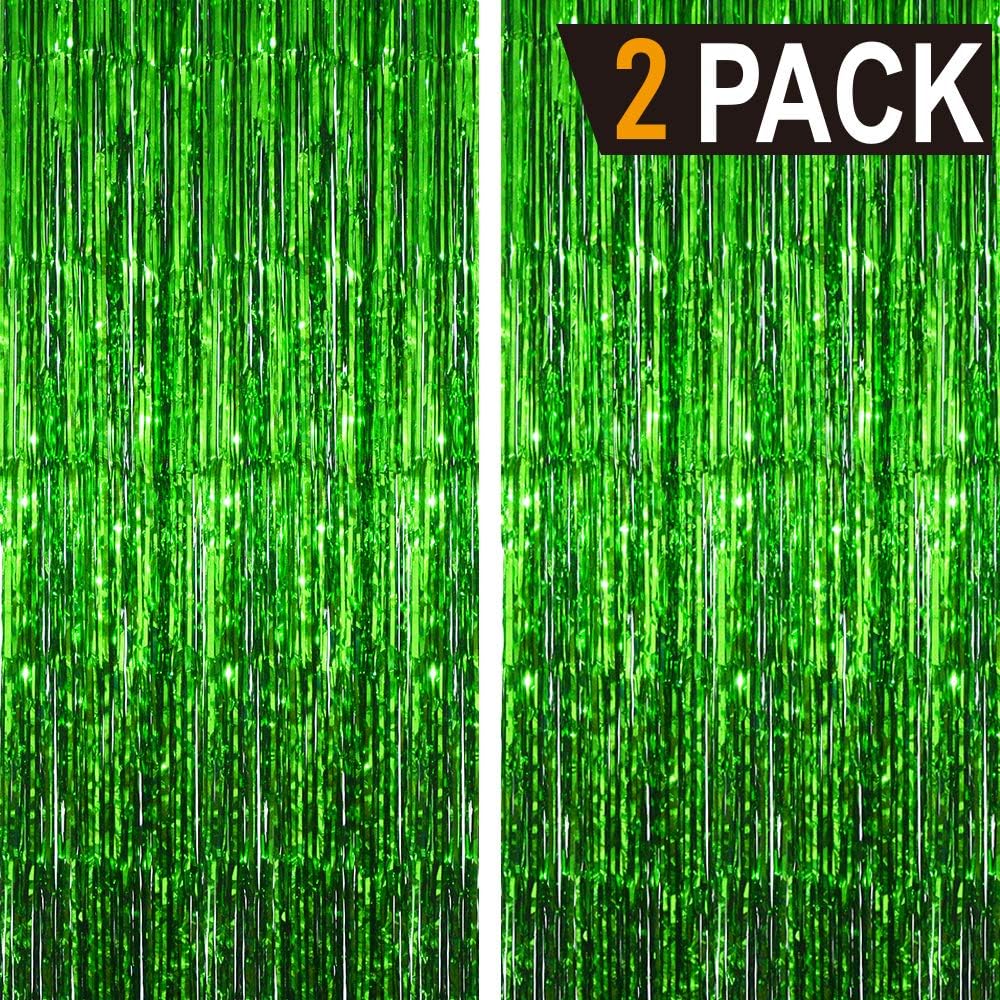 GOER 6.4 ft x 9.8 ft Metallic Tinsel Foil Fringe Curtains,Pack of 2 Party Streamer Backdrop for St. Patrick's Day,Birthday,Graduation,New Year Eve Decorations Christmas Wedding Decor (Green)