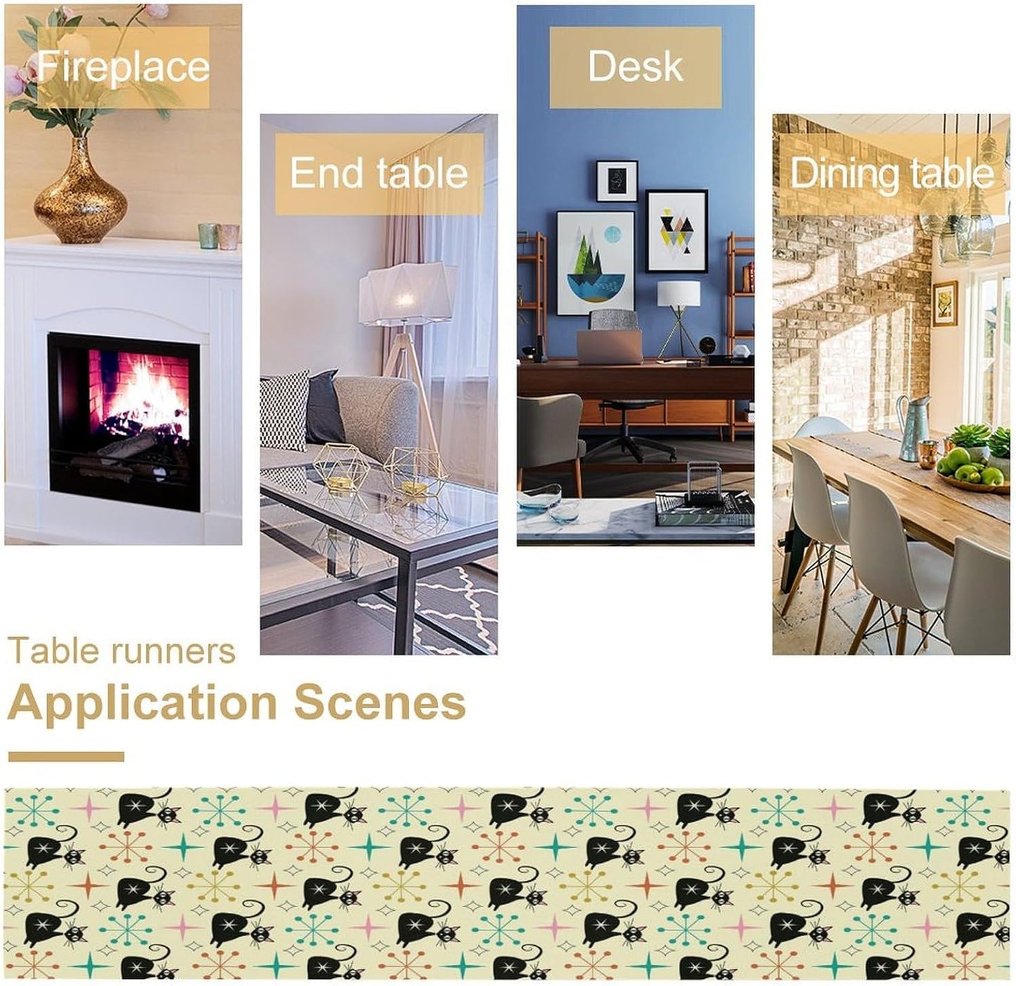 Mid Cat Table Runner, Vintage Black Cat and Atomic Stars 1950s 1960s Abstract Geometric Space Pattern Table Decoration for Home Kitchen Restaurant 13x108 Inches