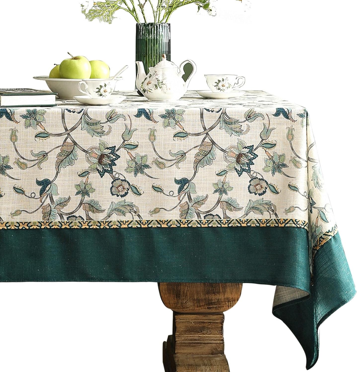 patdrea Designer Green Small Linen Table Cloth for Rectangle Table,Vintage Floral Pattern Durable Extra Long Tablecloth,French Decor for Kitchen Dining,Christmas,Thanksgiving,Party,67"x118"-Noah