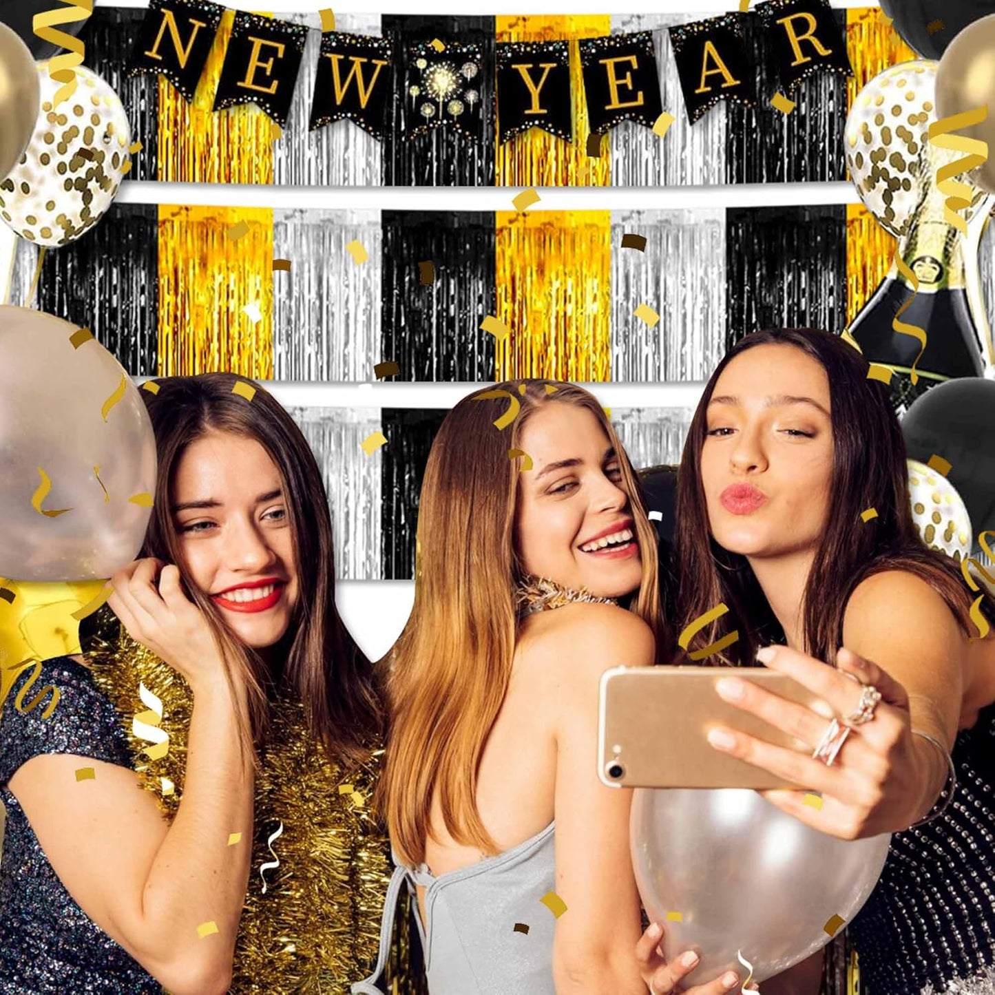 4 Pack 10 Ft Black Gold Silver Foil Fringe Garland Metallic Streamers Tinsel Banner Wall Hanging Garland Backdrop for Parade Floats, Halloween, Christmas, Thanksgiving, New Year Party Decorations