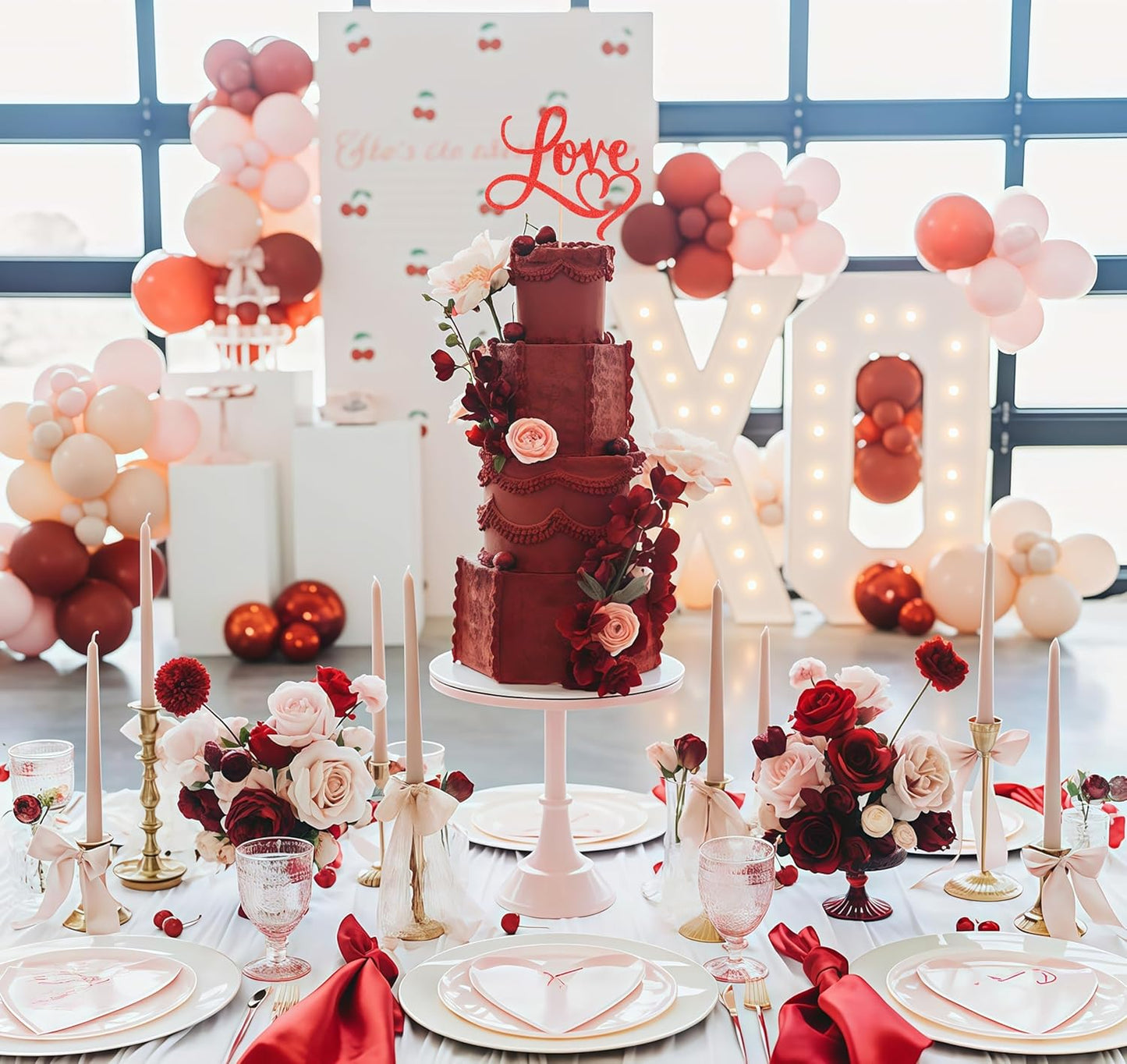 Love Cake Topper - Red Glitter Paper Wedding Cake Decoration Supplies, Perfect for Bridal Shower/Engagement/Anniversary/Birthday Party