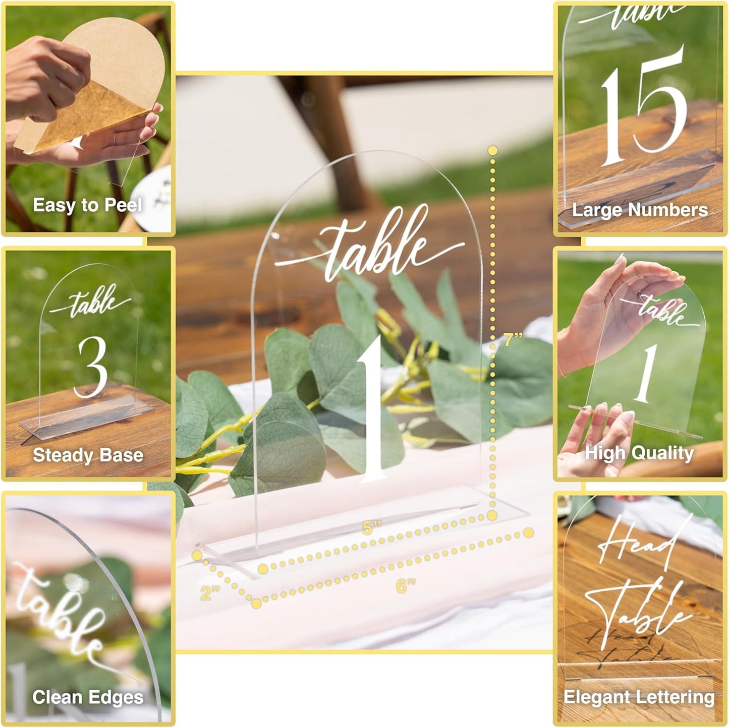 Clear Arch Acrylic Table Numbers for Wedding Reception - 5" x 7" White Font Centerpiece Set with Holder Stands & Head Table Sign - Anniversary, Event, Party, Wedding set 1-20